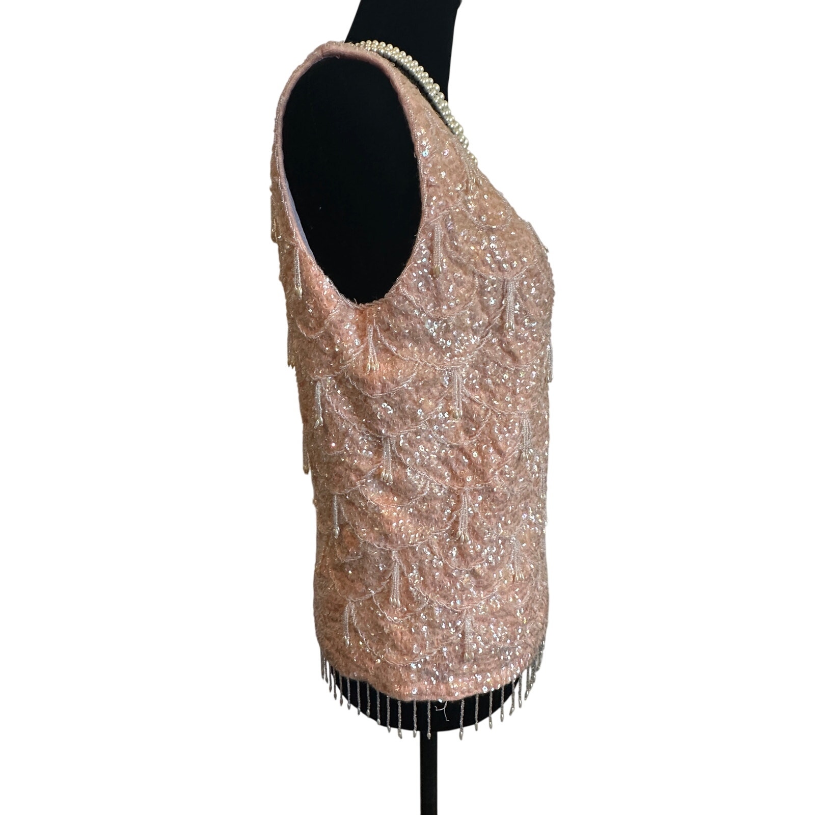 Knitwear Beaded Wool Tank Shell Top Pink Sequin Scalloped — image 8 of 8
